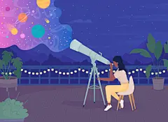 图源免费EPS文件 |Woman with telescope enjoying stargazing on rooftop at night flat color vector illustration. Astronomic hobby. Fully editable 2D simple cartoon character with dark sky on background
