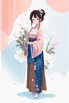 AI数字艺术扁平风格汉服女生插画