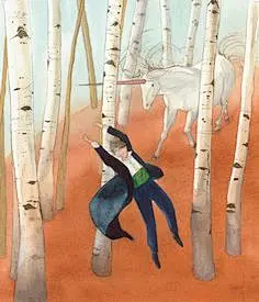 这可能包含：一幅水彩画，一个男人在树林里和白桦树上伸手去拿一匹马