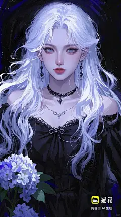 #板绘 神仙姐姐来了，关键词：年轻女性，长相帅气，白色头发蓬松飘逸，五官精致，皮肤白皙，背景绣球花，插画，厚涂画风，高清画质，高级CG，阴郁氛围感，妖魅，病娇感，特写镜头 御姐，哥特暗黑风， 眼睛：绝美 cg插画 bjd质感 动漫感 暗黑画风 冷色调 瘦小下巴 高鼻梁 假睫毛 卧蚕 耳环 项链 戒指 ，高高在上，满眼高冷，长发，高冷 年轻，年龄32，肤白貌美，1.68米身高，用图的标智媛 - 小红书