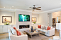 Example of a mid-sized transitional open concept light wood floor living room design in Austin with a wall-mounted tv