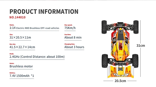 WLtoys 144001 – Voiture RC 1/14 4WD 60 Km/h – Châssis Métal, Amortisseurs Huile – 3 Batteries 2600 MAh – 45 Min – Rouge