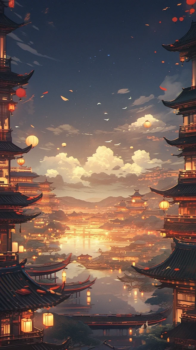 梦幻古风场景，唐朝不夜城，壁纸，背景