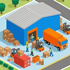 等距视角风格的物流仓库场景插画，蓝色平顶仓库建筑带有灰色屋顶和橙色大门，旁边停放着橙色集装箱卡车，地面上有多个棕色纸箱和橙色、红色集装箱，几名穿着绿色背心的工人正在搬运货物，场景中包含叉车等物流设备，整体采用明亮的蓝、橙、棕配色方案，线条简洁明快，具有清晰的等距投影效果和扁平化设计风格，无文字信息。