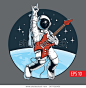 Astronaut playing electric guitar in space and gesturing devil horns sign. Space tourist. Vector illustration.