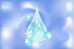 透明质酸皮肤溶液广告，蓝色胶原蛋白血清滴与化妆品广告背景准备使用