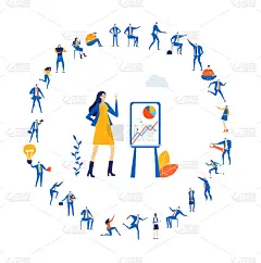 商业女性做演讲。许多忙碌的商人在工作和奔波。业务概念说明