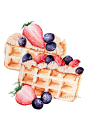【小美食】水彩 手绘 绘画 插画 美食 甜品 水果奶油华夫饼 