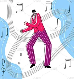 矢量平面插图舞蹈男子在抽象背景形式的旋律音符。