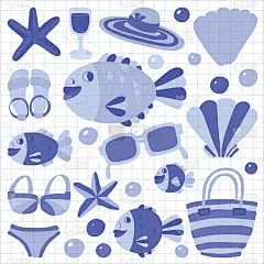 矢量平面手绘图标海滩和热带度假