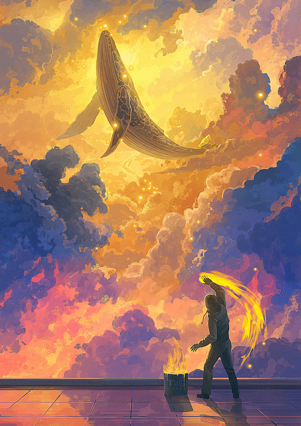 在云浪中作画，鲸鱼飞跃空中越过彩虹，天马...