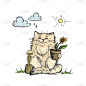猫带着花和铲子，手绘