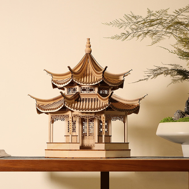 新中式禅意古建筑模型中国风玄关柜八角亭样...