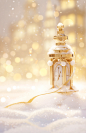 in the snow in front of a gold clock sign, in the style of soft and dreamy atmosphere, gold, miniature illumination, liquid light emulsion, white, british topographical, festive atmosphere