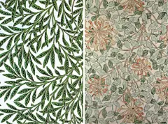 莫里斯图案最大的特点在于内容取材自然，藤蔓、花朵、叶子与鸟是最常见的图形。并且饱满华美的花朵、灵动的小鸟、雅致的配色与密集的构图相得益彰。
