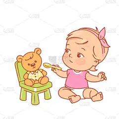 小女孩喂男孩。女婴拿着勺子，给泰迪熊喂饭。孩子坐在厨房玩，彩色矢量插图。孩子假装吃饭女孩在尿布玩玩具