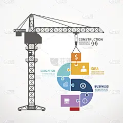 信息图模板与建筑塔吊拼图横幅。