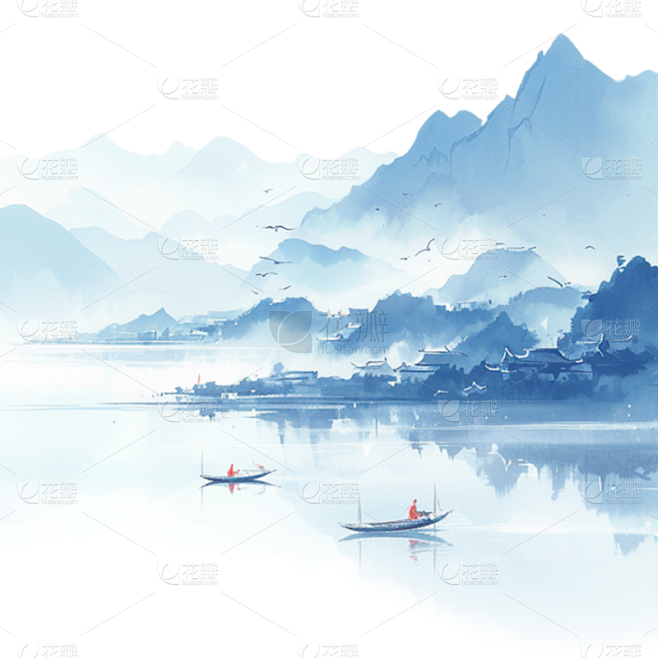 中国风通用蓝色水墨山水组合元素素材