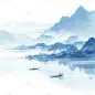 中国风通用蓝色水墨山水组合元素素材