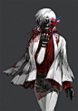 Tags: Anime, Gray Background, Black Gloves, Black Sclera, One Eye Showing, Black Handwear, Kaneki Ken