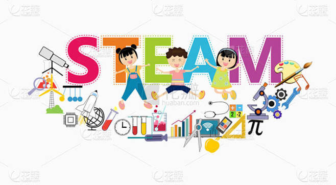 STEAM教育。《跨学科教育框架》。科技工程技术数学.有剪纸图案的构图.与卡通，女孩，男孩.