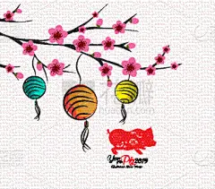 花朵,背景聚焦,灯笼,春节,传统,中间,樱桃,模板,问候
