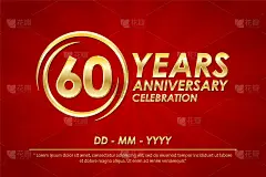 60周年庆典会徽。周年纪念标志与戒指和典雅的金色在红色的背景，矢量插图模板设计的庆祝贺卡和邀请卡
