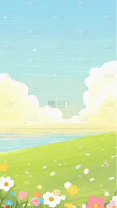 背景系列油画风云朵河流草地可爱背景