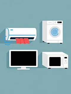 简约现代风格插画，四个家电产品规整排布于纯色背景，整体造型简洁流畅。左侧为挂壁式空调，白色机身搭配蓝色线条勾勒轮廓，出风口有红色飘带和蓝色气流曲线；右侧上方是洗衣机，白色长方体设计，正面有圆形透明舱门；右侧下方为微波炉，白色方正造型，带黑色控制面板；下方居中位置是电视，黑色屏幕嵌于白色边框内，整体采用清晰的轮廓线和简约色块，无任何文字、logo及水印，色彩明快，线条简洁，保持一致的扁平化插画风格。