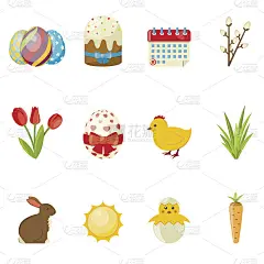 一套快乐的复活节图标。矢量平面插图