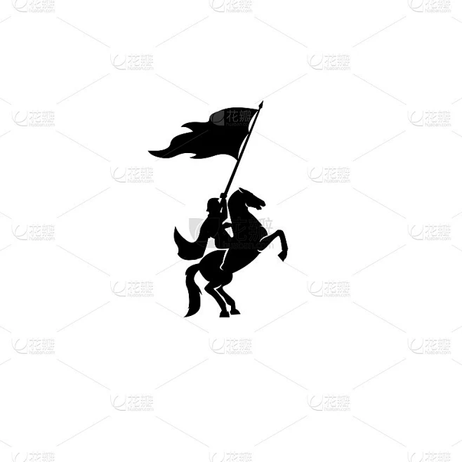 一名穿着盔甲的战争骑士士兵携带旗帜去与他的马标志图标设计平面矢量模板插图剪影白色背景素材-花瓣网
