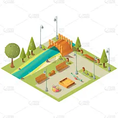 具有游乐场的城市公园的等距景观