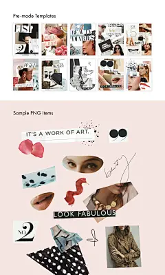 Fashion Collage Creator Kit II : What is it? A collection of graphic elements + pre-made templates to create your own fashion collages. Add variety to your blog, website, Instagram, Pinterest, etc. with this fun and
