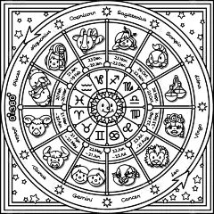可爱的,圆形,轮廓,天秤座,水瓶座,双鱼座,草图,算命,复古,着色