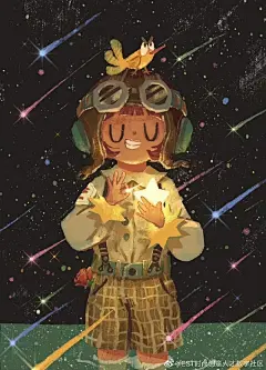 插画超话当我还是一个孩子时，我趴在窗边看见了整片森林，我躺在床上梦着彩虹和流星陪我捉迷藏，我打着伞看漫天的星星落在我的头顶

插画作者：Moy Lee
#画里的故事##插画##插画分享# ​​​​