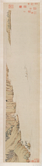 #吴门四家#【 明 文徵明 《赤壁胜游图》 】卷，纸本设色，30.5×141.5cm，美国弗利尔美术馆藏。 品此幅作品，其构图虽非繁复，却是在一派萧疏的布局上以高峻直耸的峭壁状写“江流有声，断岸千尺；山高月小，水落石出” 壮阔且寂静的寒江，一叶孤舟，寒士遣怀，构成了一幅“水月禅境”的诗画境界。
