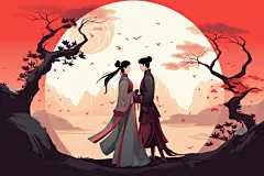 古风男女中国风汉服情侣七夕牛郎织女插画