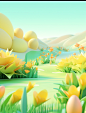 a colorful animation with a cartoonlike landscape landscape, in the style of flower and nature motifs, light yellow and light silver, bryce 3d, cute cartoonish designs, green, selective focus, childlike innocence and charm