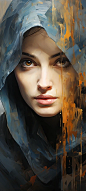 abstract Oil painting Mother Mary's peaceful wet face with abstract canvas texture, copy space