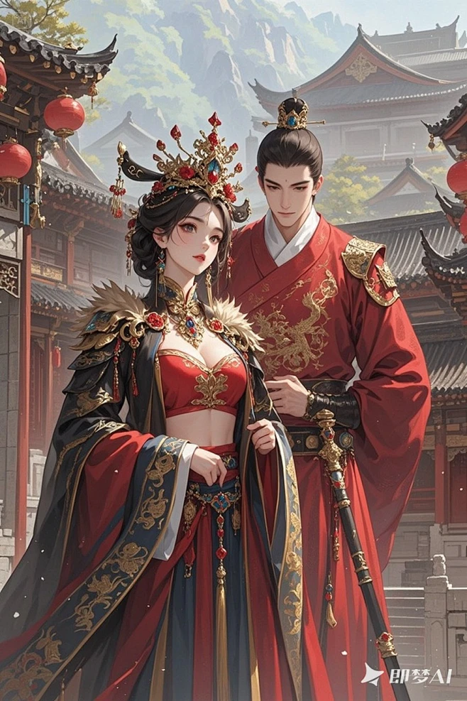 带着皇冠穿着红色性感的国风女帝，伪CG，动漫插画，衣着华丽，背景中国古代村庄，女帝旁边站了一位身着红色官服的帅气中国古代风格帅哥-花瓣网