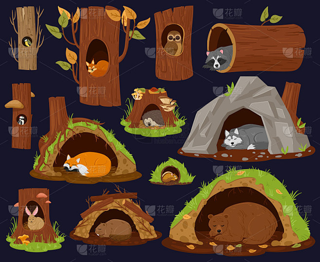 卡通林地动物睡觉在洞穴，空心，巢。森林动...