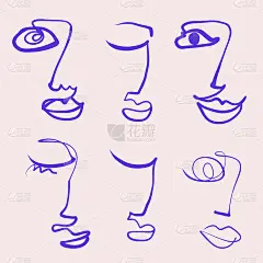 一组连续的单线绘制的面。抽象的女性肖像。女人脸上连续画线。一套创意模版在时尚的风格与一条线脸肖像，当