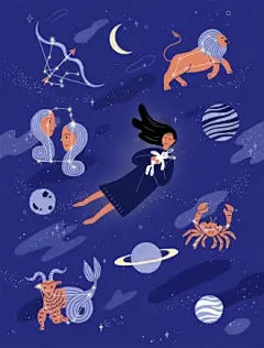 星座双子狮子巨蟹射手美女梦想插画PSD