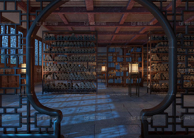 古代室内书架场景 藏经阁 古代书房 古代竹简 古代书架 古代