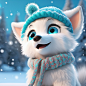 00861-2028656356-snowing winter, super cute baby pixar style white fairy wolf, shiny snow-white fluffy, big bright eyes, wearing a woolly cyan ha