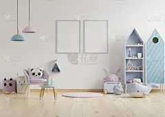 模拟海报框架在儿童房，儿童房，幼儿园模型，白色墙。