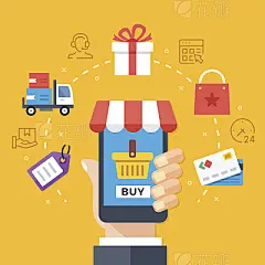 Mobile shopping, mobile commerce concepts. Hand holding smartphone with checkout page. Modern flat design graphic elements, thin line icons set. Vector illustration