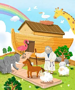 诺亚方舟 彩虹立约 火烈鸟长颈鹿 大象小马 绵羊 圣经故事插画-插画-插画图形素材-酷图网