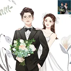 高端韩系婚礼手绘请柬插画请x帖邀请函定制卡通漫画写实情侣头奢-淘宝网