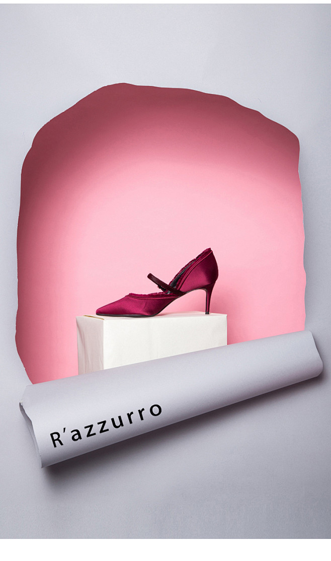 RAZZURRO酒红色缎面尖头高跟一字带...